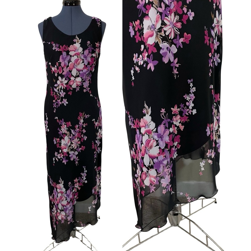 VTG LA‎ Gal Black Purple Floral Sheer Asymm Whimsigoth Maxi Dress Fairy 90s 14